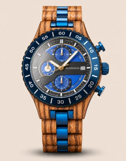 Norvik Ocean, reloj cronógrafo Woodenson de madera clara y detalles azules
